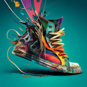 Ein verrückter, gezeichneter Schuh versprüht Farben.